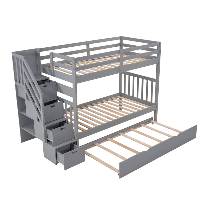 CRO Decor Twin over Twin/Full Bunk Bed with Twin Size Trundle (Gray)