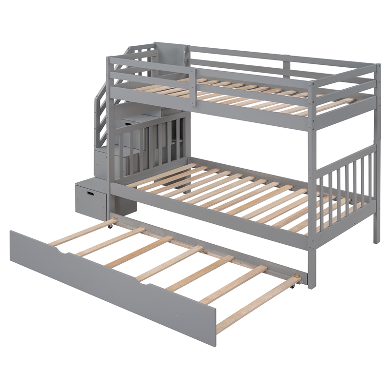 CRO Decor Twin over Twin/Full Bunk Bed with Twin Size Trundle (Gray)