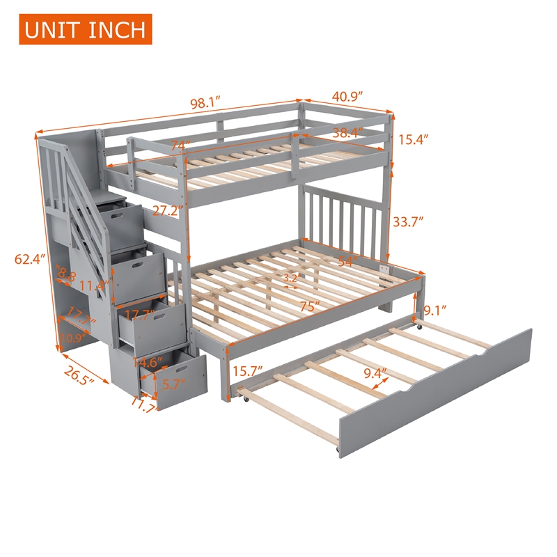 CRO Decor Twin over Twin/Full Bunk Bed with Twin Size Trundle (Gray)