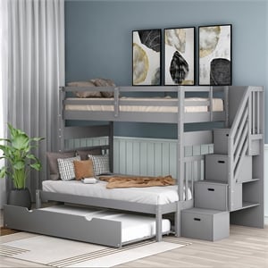 CRO Decor Twin over Twin/Full Bunk Bed with Twin Size Trundle (Gray)