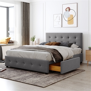 cro decor upholstered platform bed with 4 drawers linen fabric queen (gray)