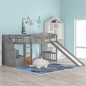 cro decor stairway twin size loft bed with two drawers and slide (gray)