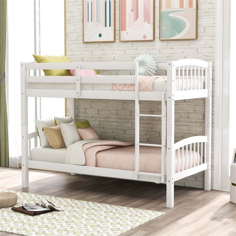 CRO Decor Wood Twin Over Twin Bunk Bed with Ladder (White)