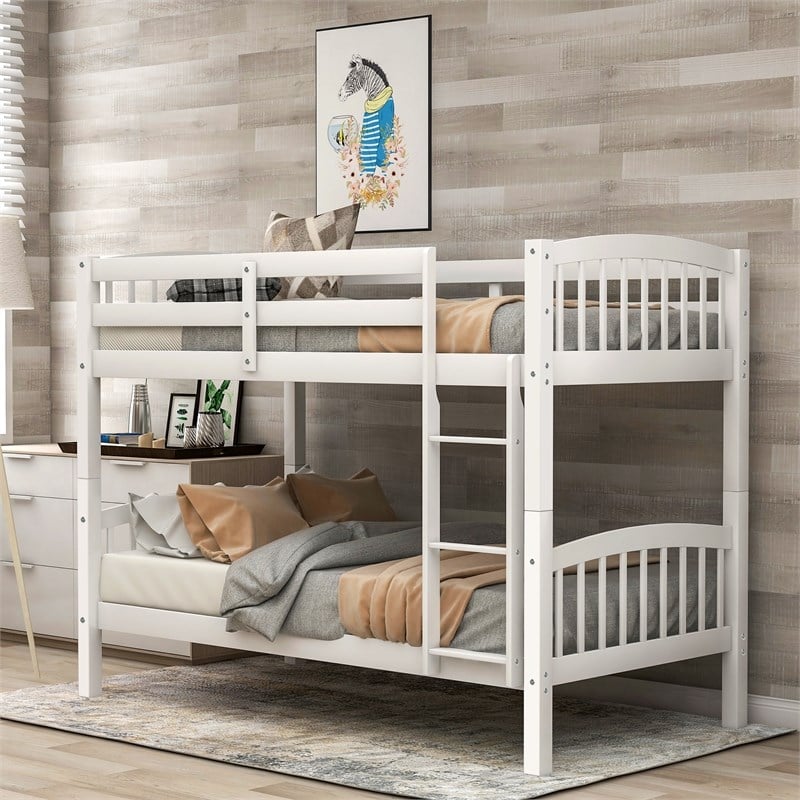 CRO Decor Wood Twin Over Twin Bunk Bed with Ladder (White)