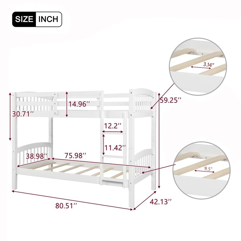 CRO Decor Wood Twin Over Twin Bunk Bed with Ladder (White)