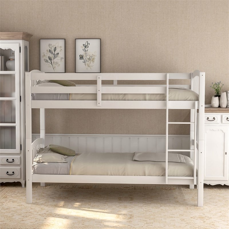 CRO Decor Wood Twin Over Twin Bunk Bed with Ladder (White)