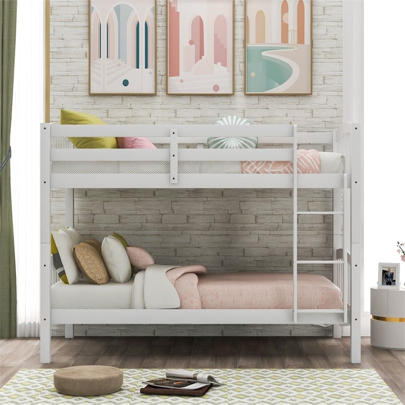 CRO Decor Wood Twin Over Twin Bunk Bed with Ladder (White)