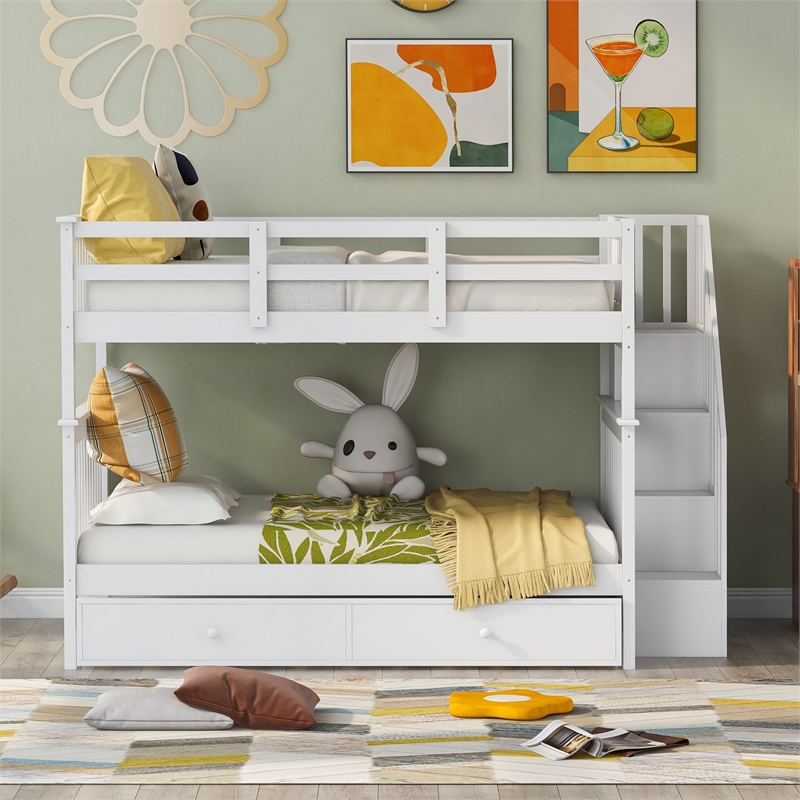 CRO Decor Stairway Full-Over-Full Bunk Bed with Twin Trundle Storage (White)