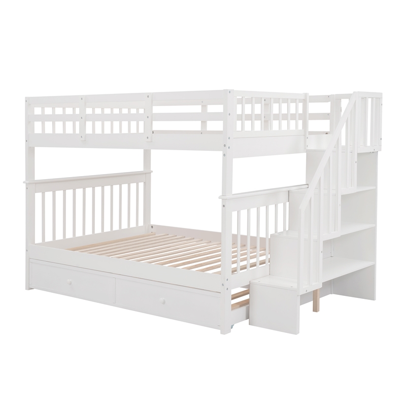 CRO Decor Stairway Full-Over-Full Bunk Bed with Twin Trundle Storage (White)