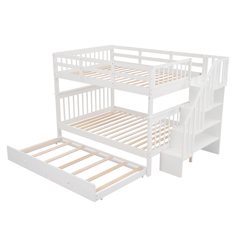 CRO Decor Stairway Full-Over-Full Bunk Bed with Twin Trundle Storage (White)