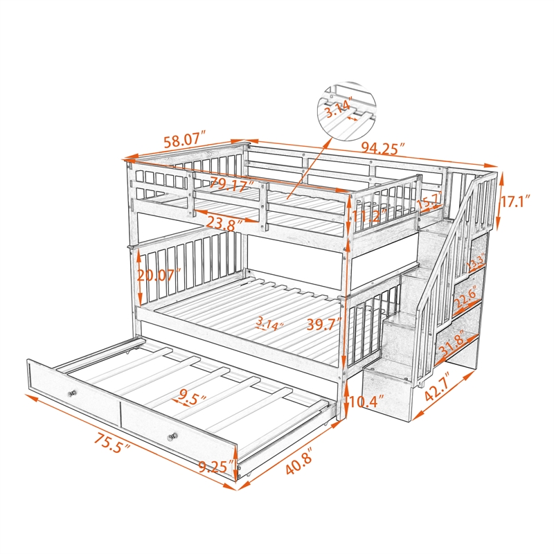 CRO Decor Stairway Full-Over-Full Bunk Bed with Twin Trundle Storage (White)