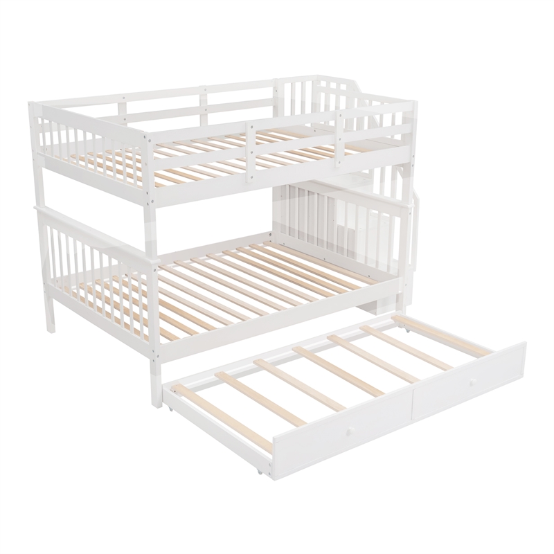 CRO Decor Stairway Full-Over-Full Bunk Bed with Twin Trundle Storage (White)