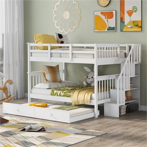 cro decor stairway full-over-full bunk bed with twin trundle storage (white)