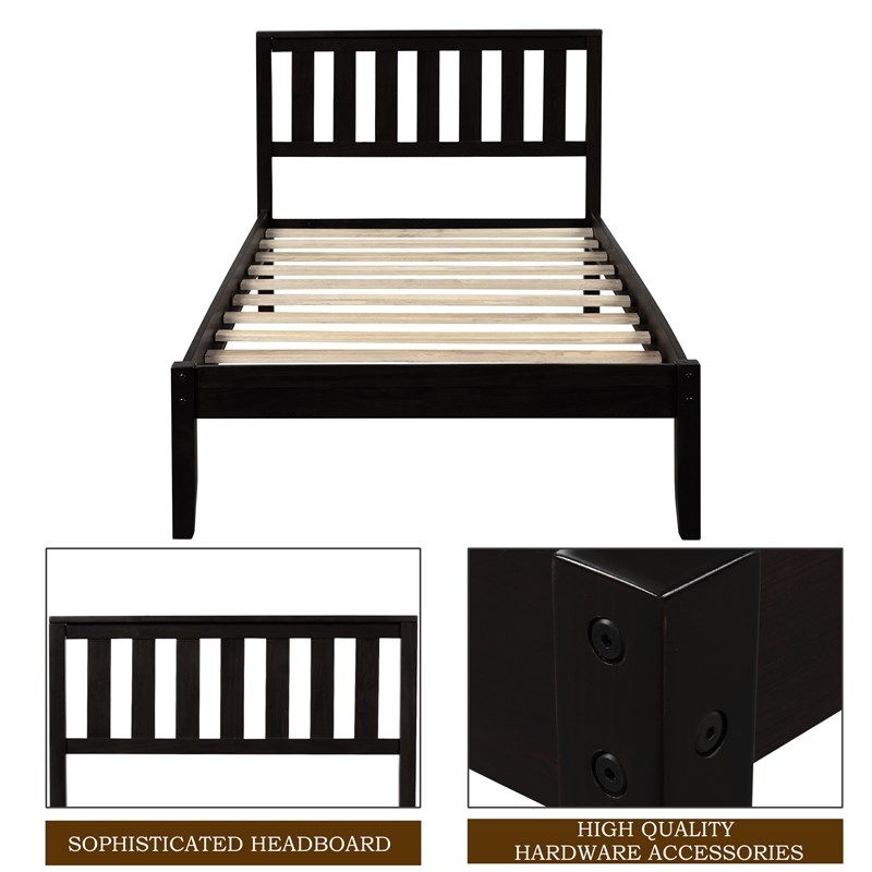 CRO Decor Wood Platform Bed with Headboard/Wood Slat Support Twin (Espresso)