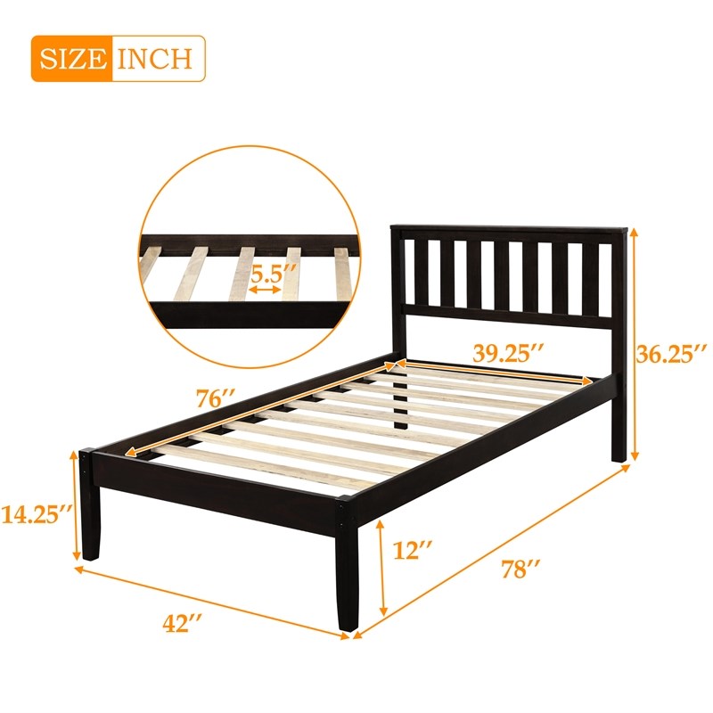 CRO Decor Wood Platform Bed with Headboard/Wood Slat Support Twin (Espresso)