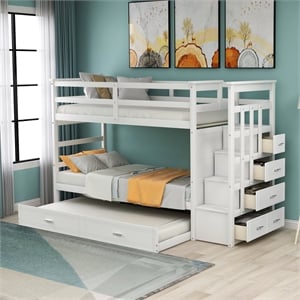 CRO Decor Solid Wood Bunk Bed Hardwood Twin Over Twin with Trundle and Staircase