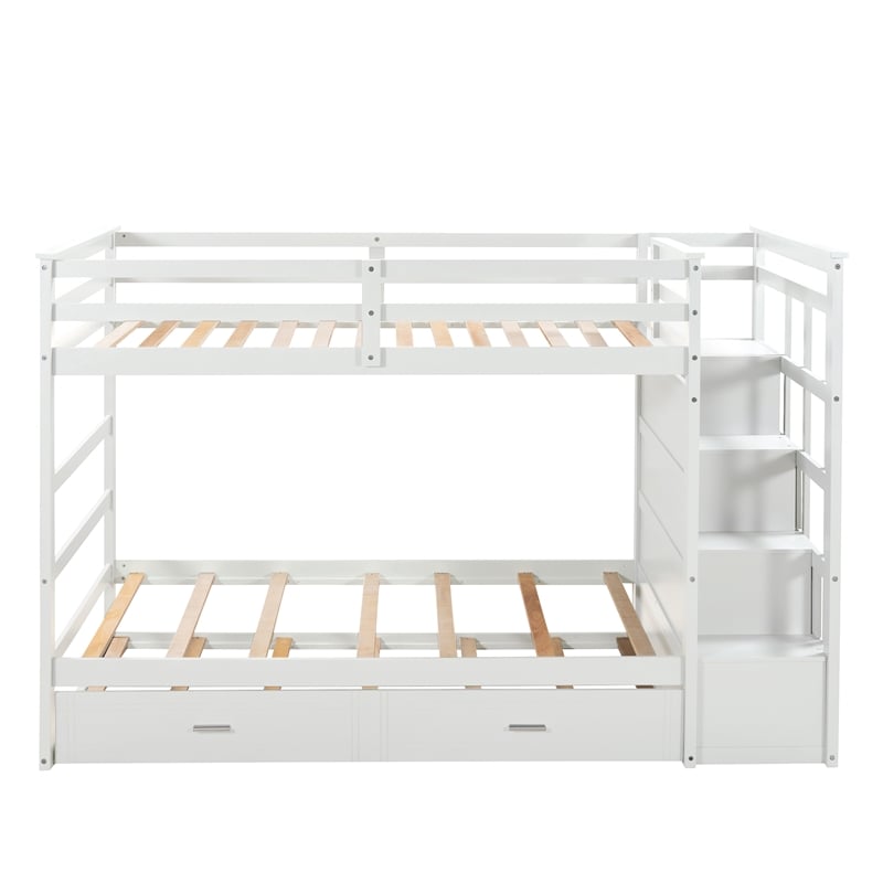 CRO Decor Solid Wood Bunk Bed Hardwood Twin Over Twin with Trundle and Staircase