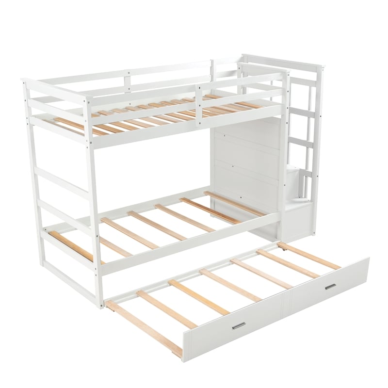 CRO Decor Solid Wood Bunk Bed Hardwood Twin Over Twin with Trundle and Staircase