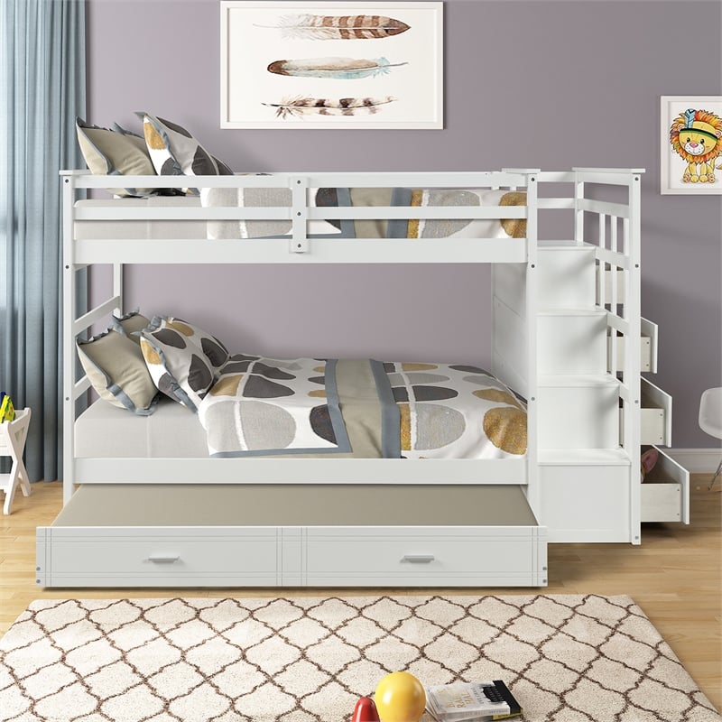 CRO Decor Solid Wood Bunk Bed Hardwood Twin Over Twin with Trundle and Staircase