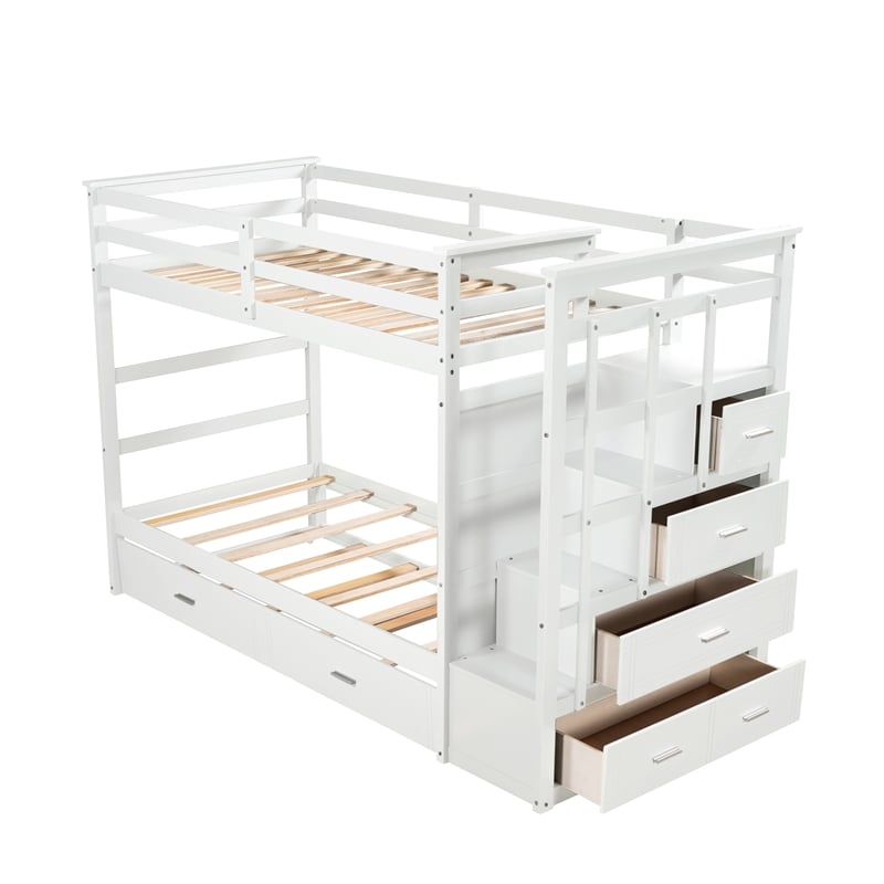 CRO Decor Solid Wood Bunk Bed Hardwood Twin Over Twin with Trundle and Staircase