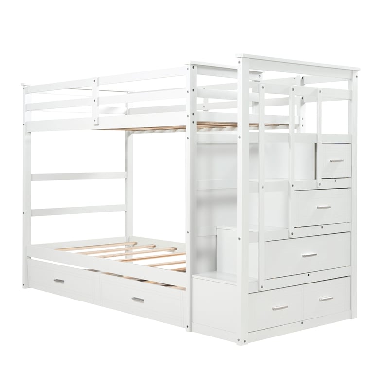 CRO Decor Solid Wood Bunk Bed Hardwood Twin Over Twin with Trundle and Staircase