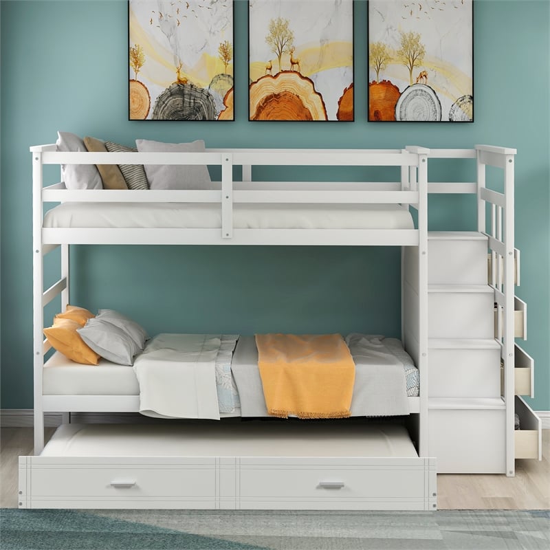CRO Decor Solid Wood Bunk Bed Hardwood Twin Over Twin with Trundle and Staircase