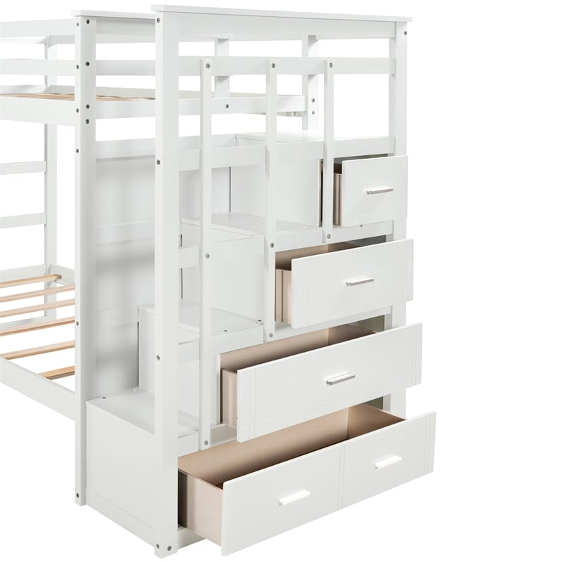 CRO Decor Solid Wood Bunk Bed Hardwood Twin Over Twin with Trundle and Staircase