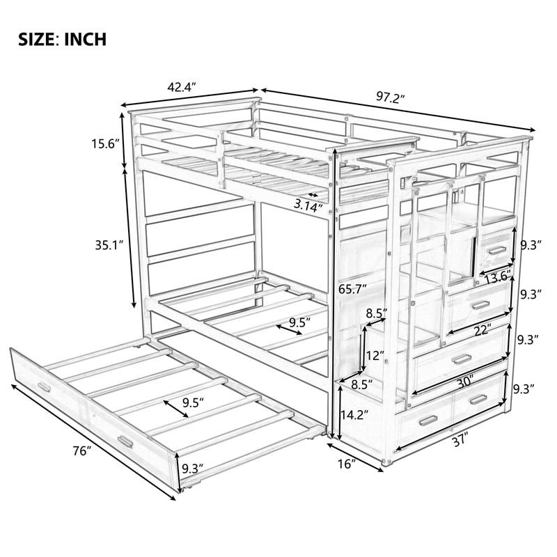 CRO Decor Solid Wood Bunk Bed Hardwood Twin Over Twin with Trundle and Staircase