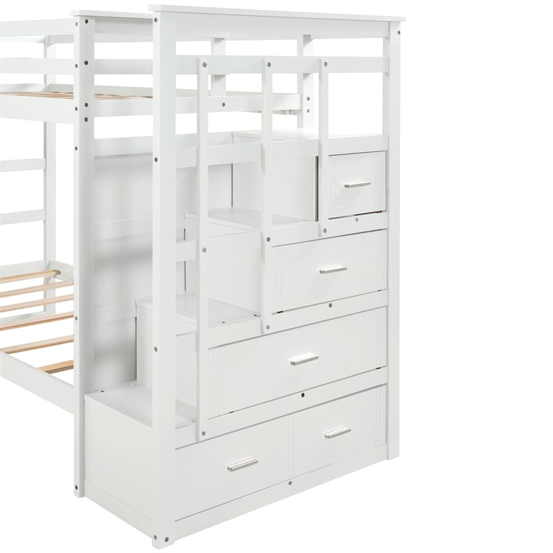 CRO Decor Solid Wood Bunk Bed Hardwood Twin Over Twin with Trundle and Staircase