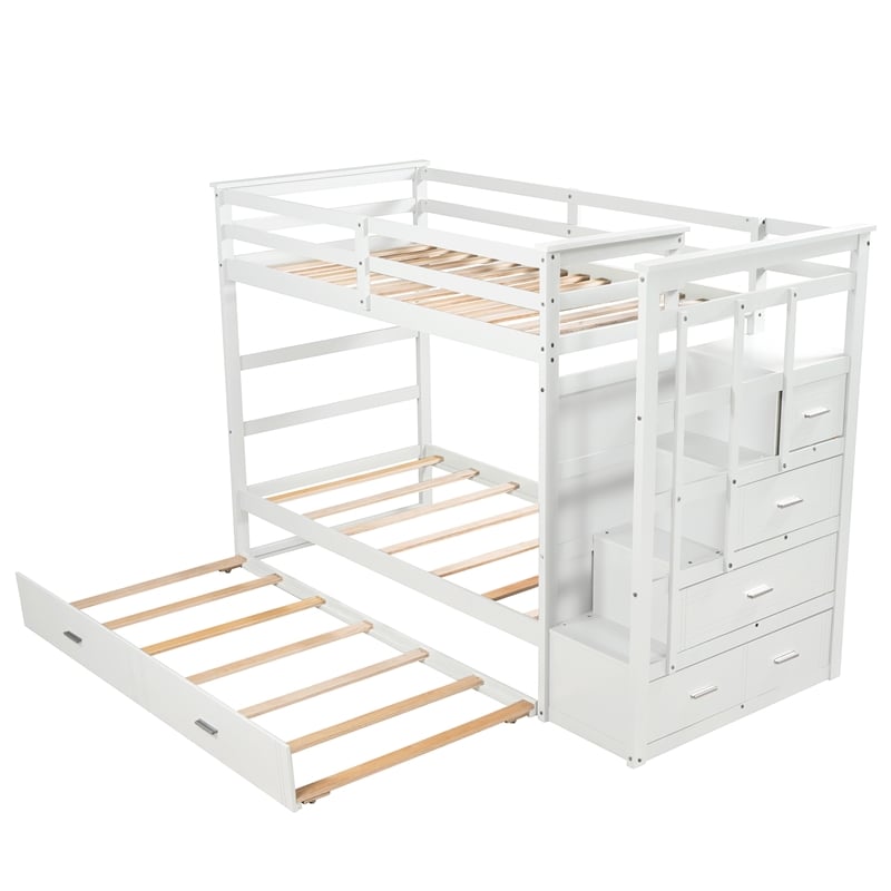 CRO Decor Solid Wood Bunk Bed Hardwood Twin Over Twin with Trundle and Staircase
