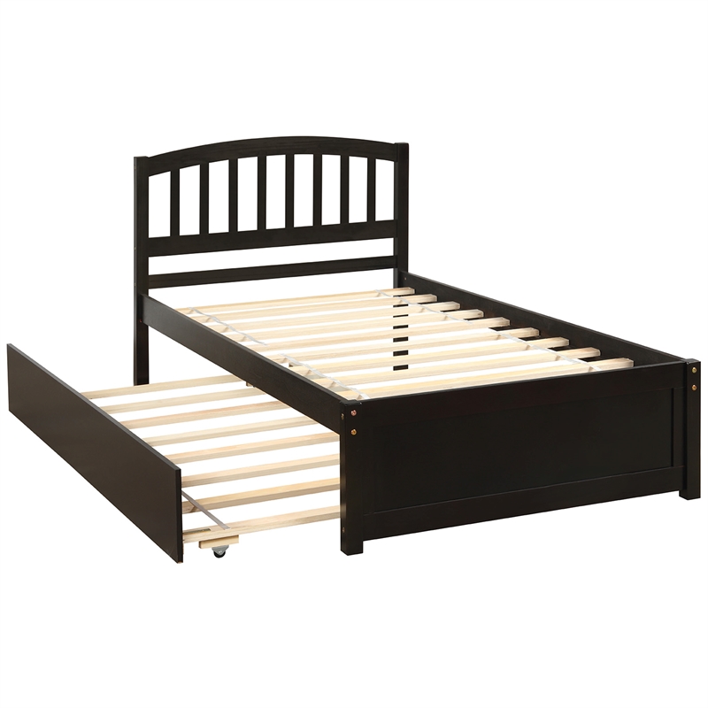 CRO Decor Twin size Platform Bed Wood Bed Frame with Trundle (Espresso)