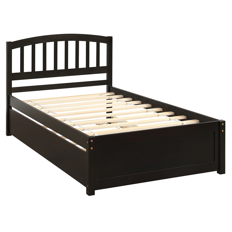 CRO Decor Twin size Platform Bed Wood Bed Frame with Trundle (Espresso)