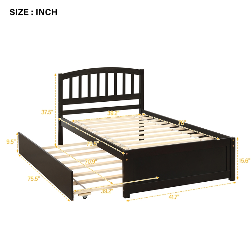 CRO Decor Twin size Platform Bed Wood Bed Frame with Trundle (Espresso)
