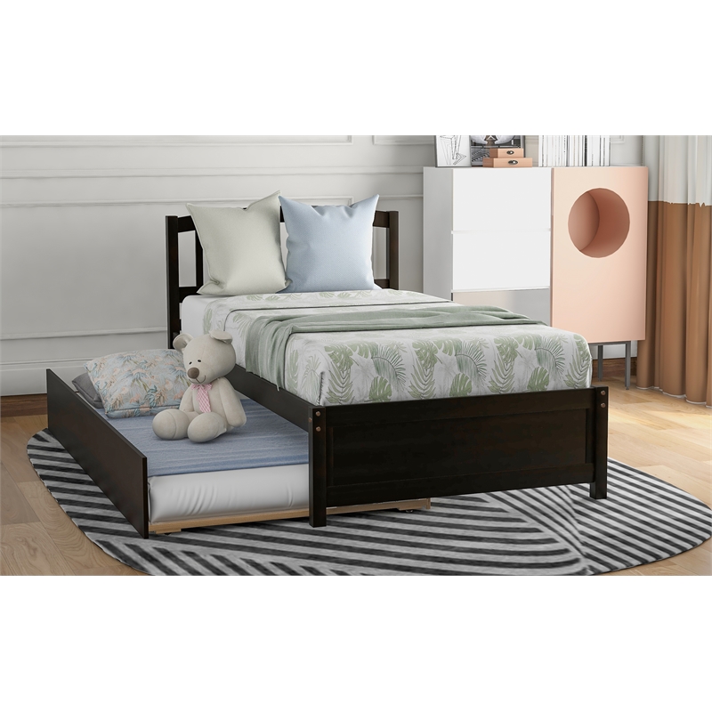 CRO Decor Twin size Platform Bed Wood Bed Frame with Trundle (Espresso)