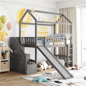 cro decor twin loft bed with two drawers and slide house bed with slide (gray)