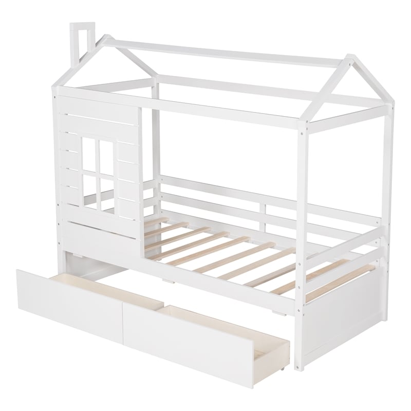 CRO Decor Twin Size House Bed Wood Bed with Two Drawers ( White )