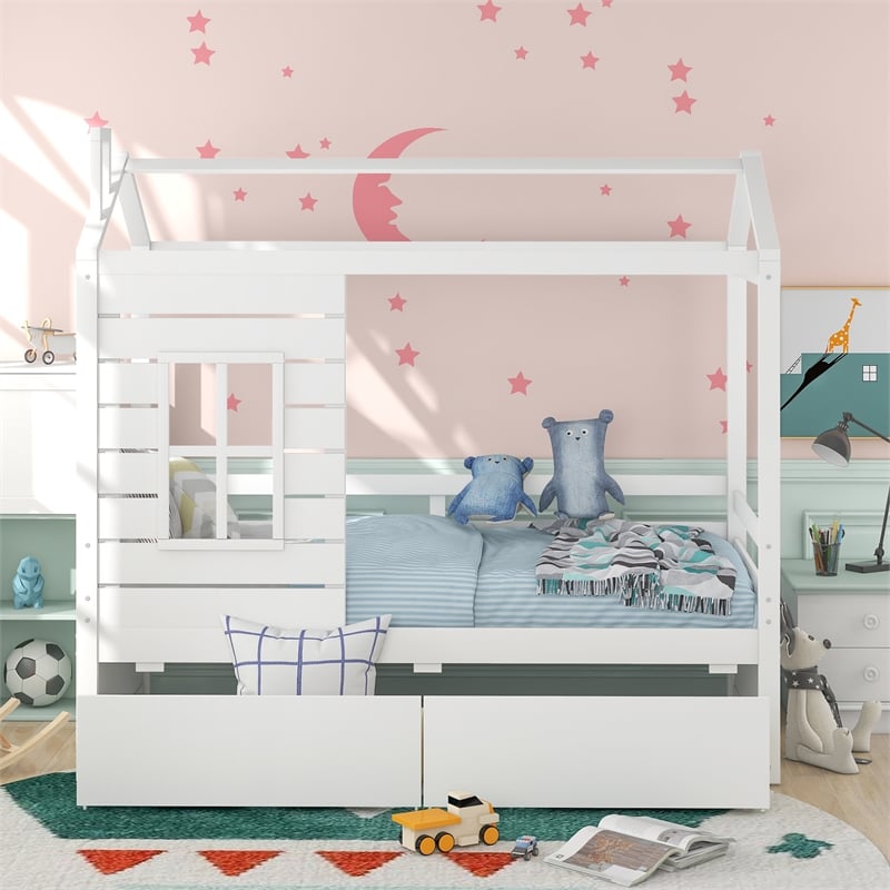 CRO Decor Twin Size House Bed Wood Bed with Two Drawers ( White )