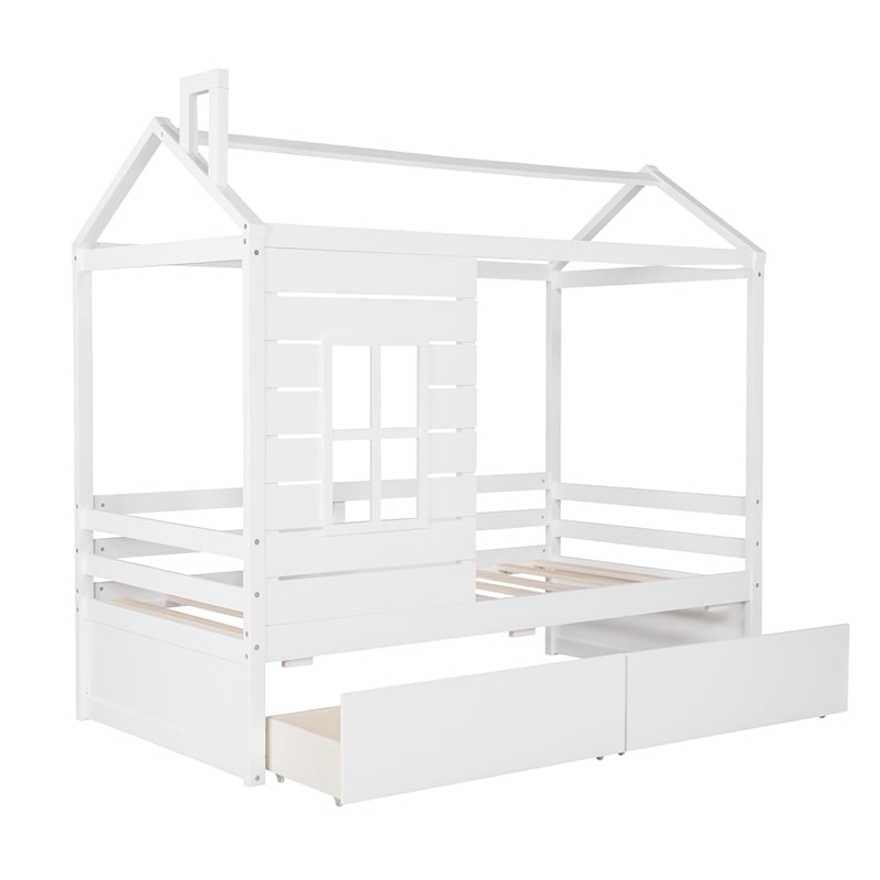 CRO Decor Twin Size House Bed Wood Bed with Two Drawers ( White )