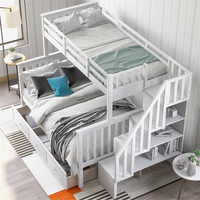 CRO Decor Stairway Twin-Over-Full Bunk Bed with Drawer Storage and Guard Rail