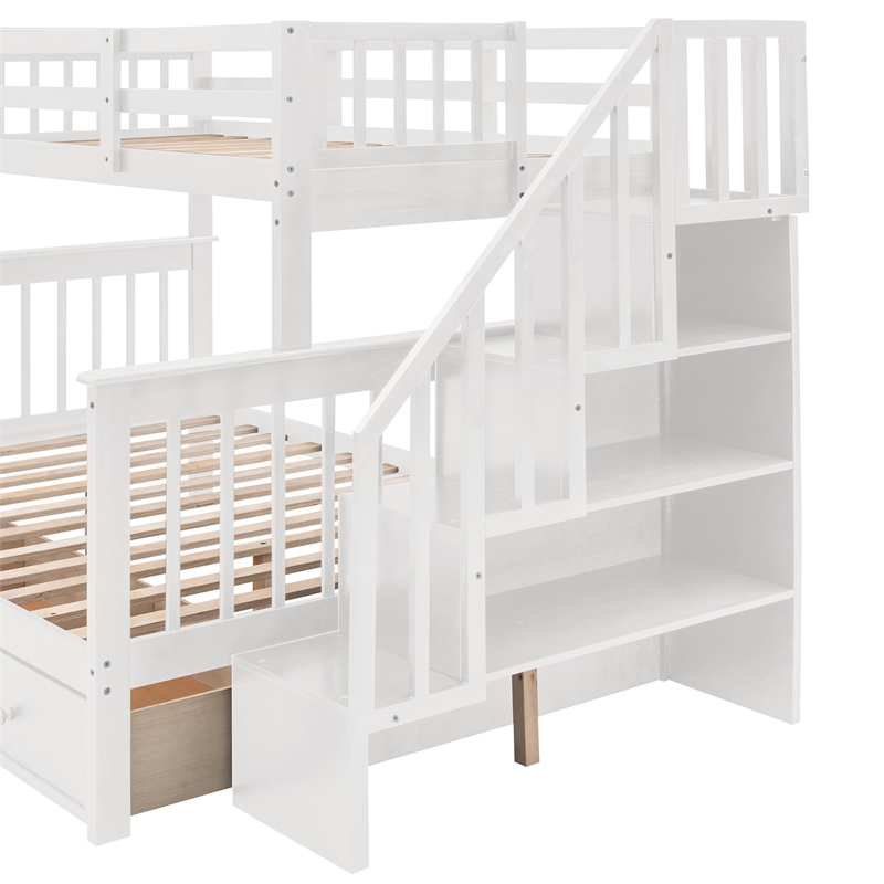 CRO Decor Stairway Twin-Over-Full Bunk Bed with Drawer Storage and Guard Rail