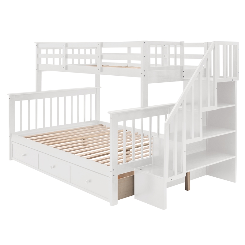 CRO Decor Stairway Twin-Over-Full Bunk Bed with Drawer Storage and Guard Rail
