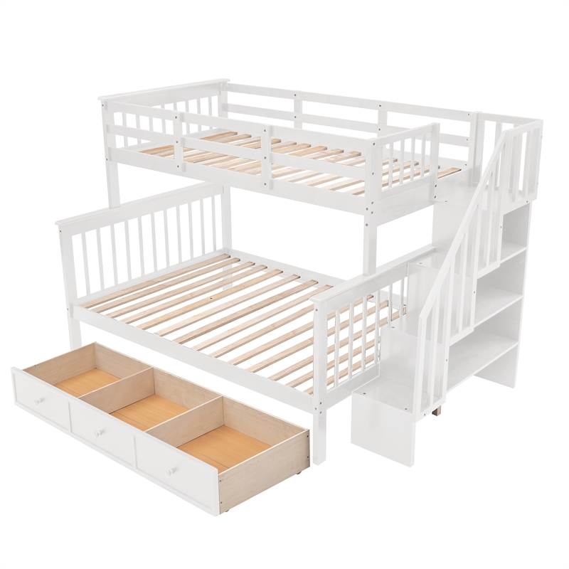 CRO Decor Stairway Twin-Over-Full Bunk Bed with Drawer Storage and Guard Rail