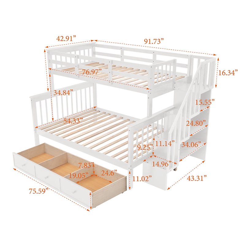 CRO Decor Stairway Twin-Over-Full Bunk Bed with Drawer Storage and Guard Rail