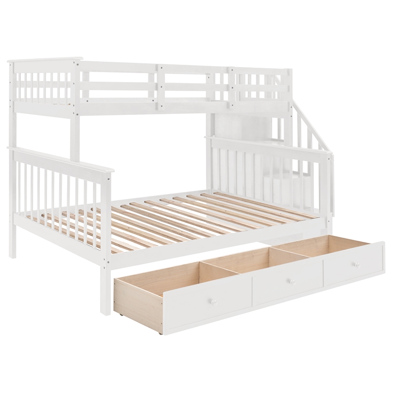 CRO Decor Stairway Twin-Over-Full Bunk Bed with Drawer Storage and Guard Rail