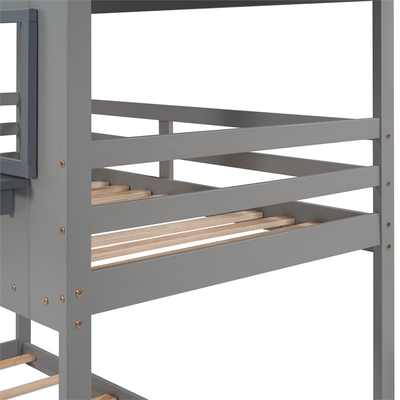 CRO Decor Twin Over Twin Bunk Bed Wood with Roof Window Guardrail Ladder (Gray)