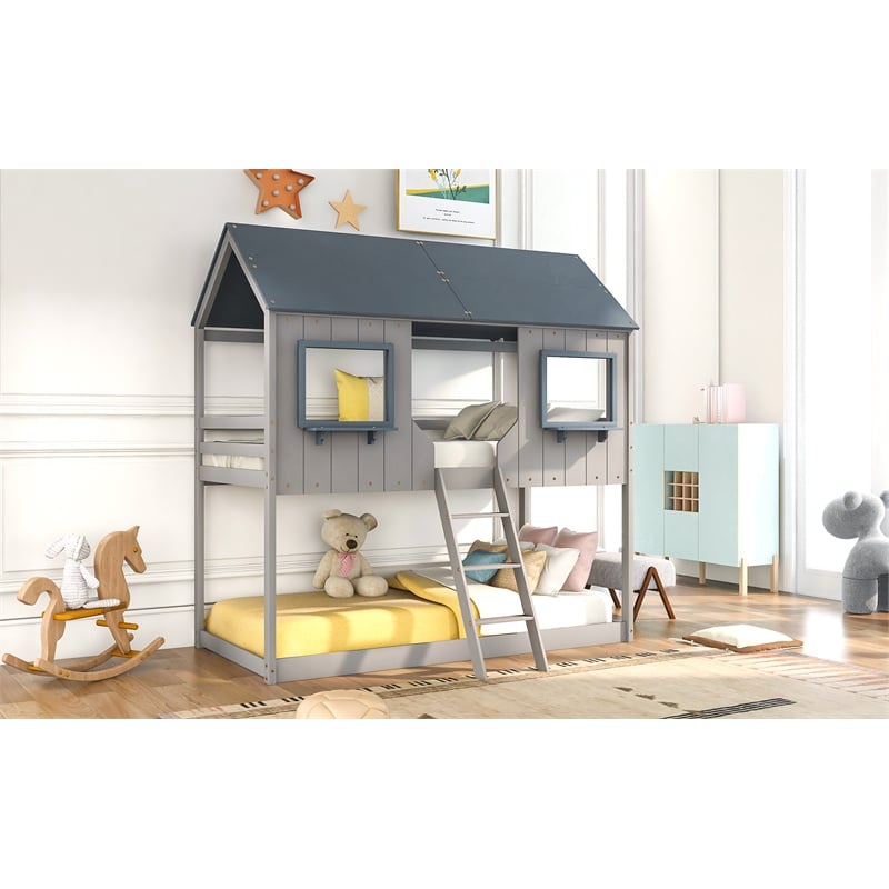 CRO Decor Twin Over Twin Bunk Bed Wood with Roof Window Guardrail Ladder (Gray)