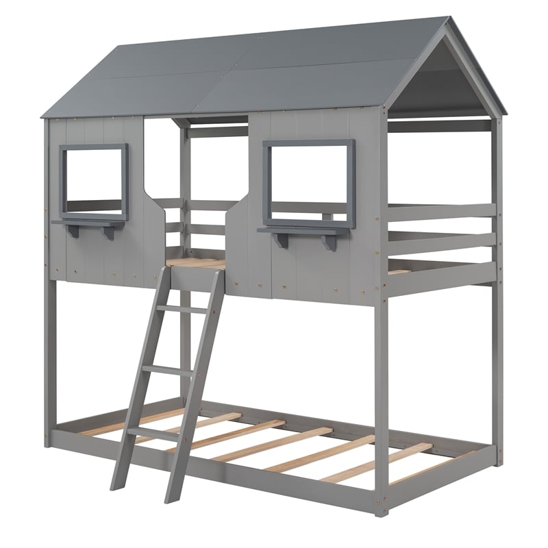 CRO Decor Twin Over Twin Bunk Bed Wood with Roof Window Guardrail Ladder (Gray)