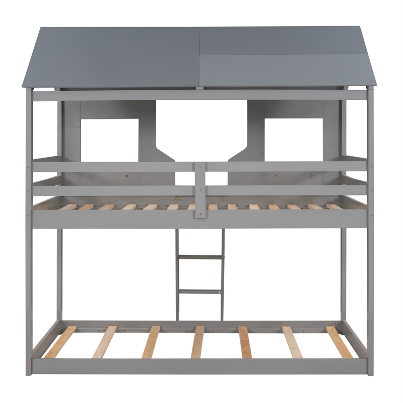 CRO Decor Twin Over Twin Bunk Bed Wood with Roof Window Guardrail Ladder (Gray)