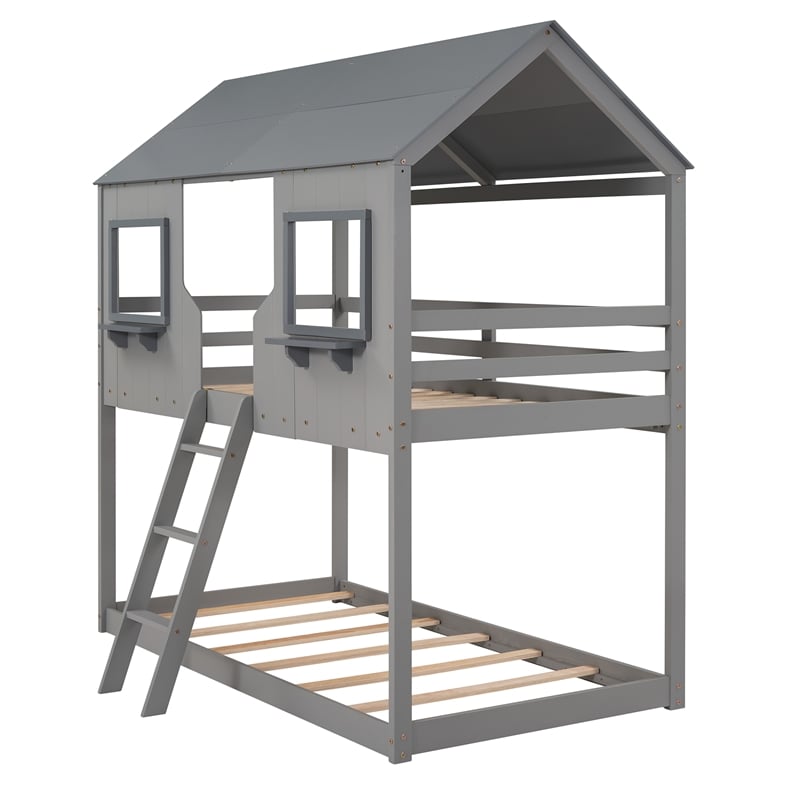 CRO Decor Twin Over Twin Bunk Bed Wood with Roof Window Guardrail Ladder (Gray)