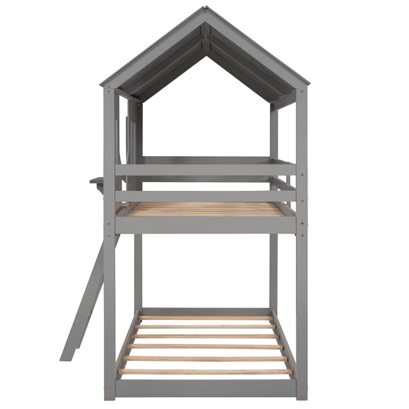 CRO Decor Twin Over Twin Bunk Bed Wood with Roof Window Guardrail Ladder (Gray)